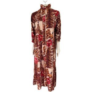 VTG 70s KATZ Big Cat Tiger Stripe Tropical Jungle House Dress Lounge Robe  SZ M